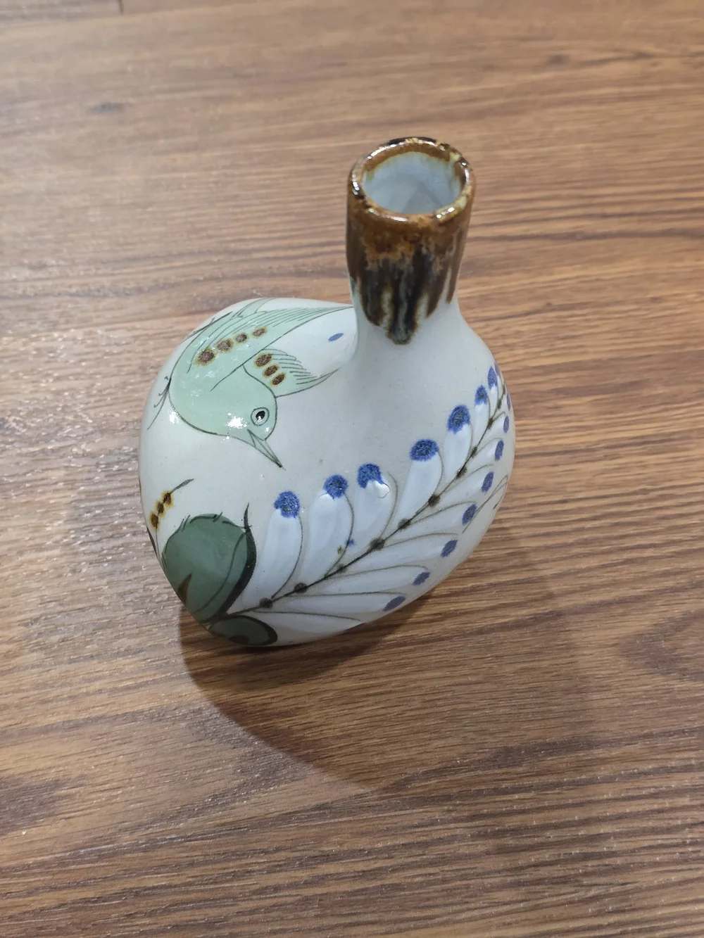 Tonalá Hand-Painted Green Bird & Floral Ceramic Bud Vase